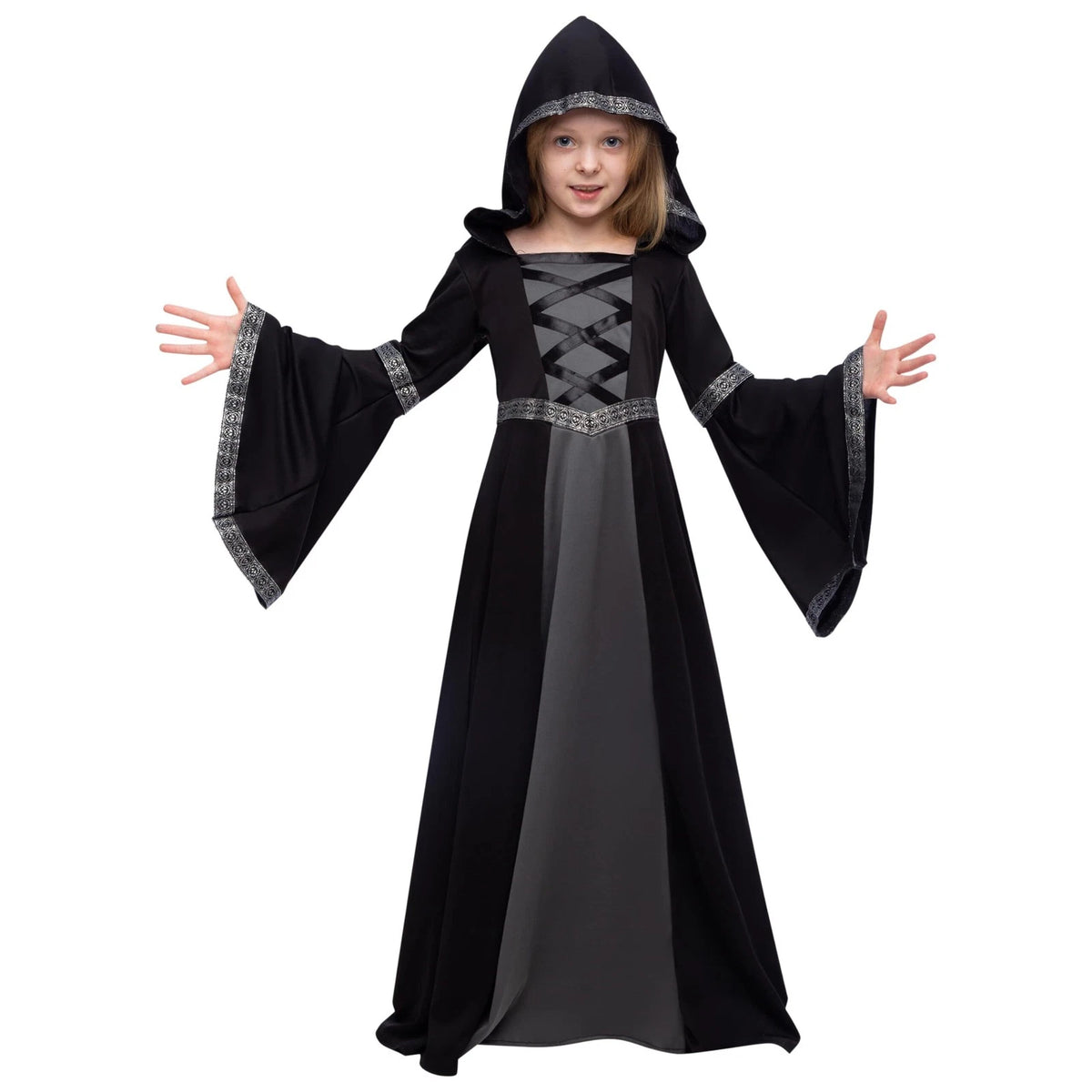 Girls Medieval Renaissance Black Hooded Robe Halloween Costume