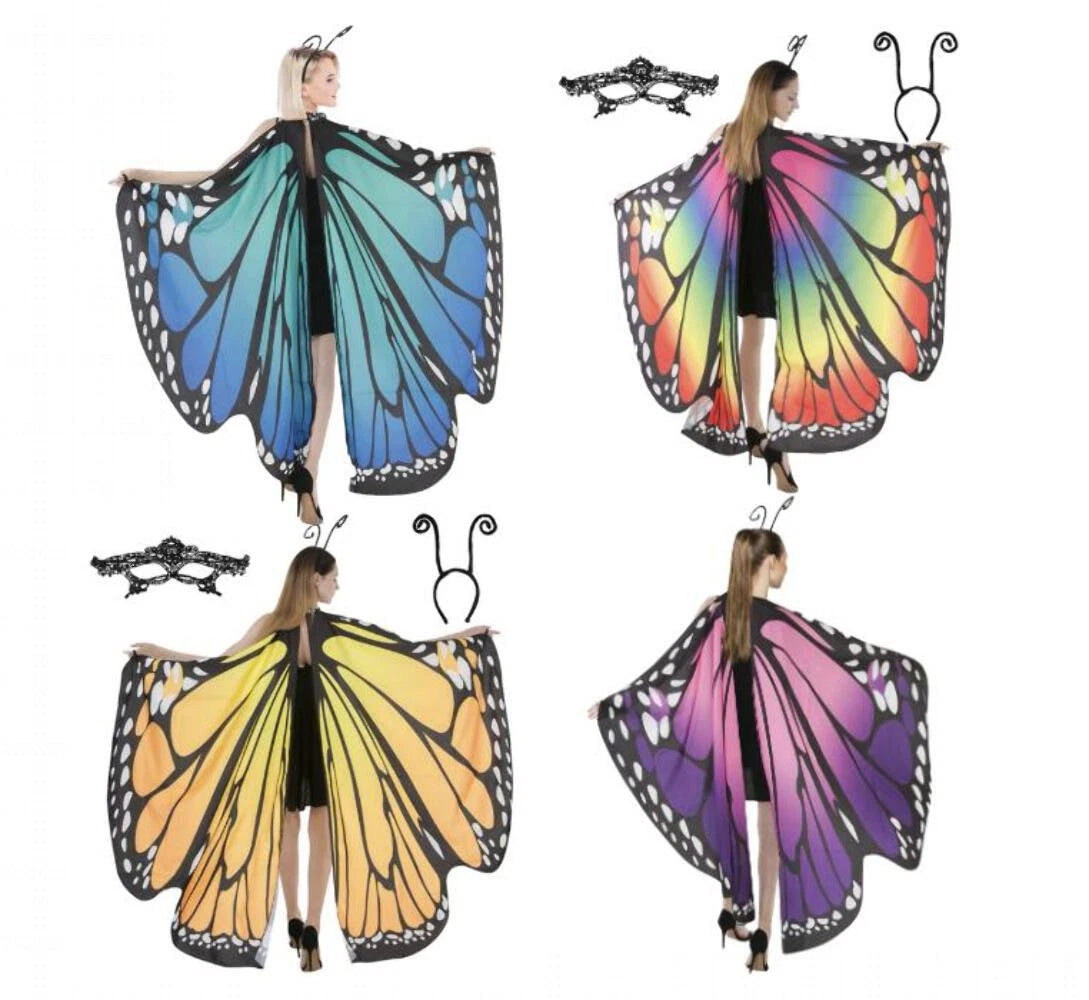 Butterfly Wing Shawl w / Lace Mask & Antenna 4 COLORS Halloween Cosplay Costume