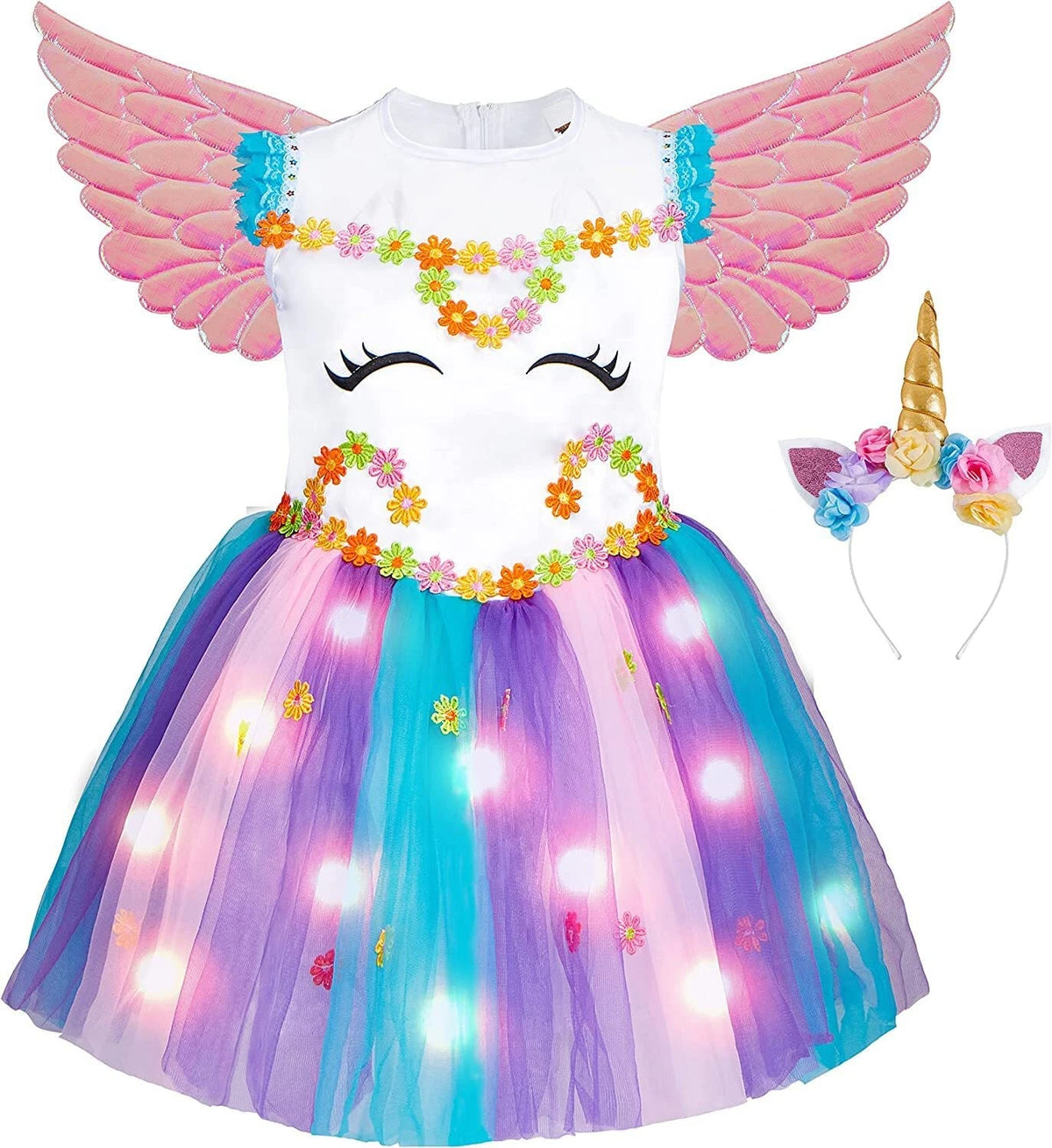 Unicorn Princess FlowerTutu Dress w / Headband & Wings Halloween Costume