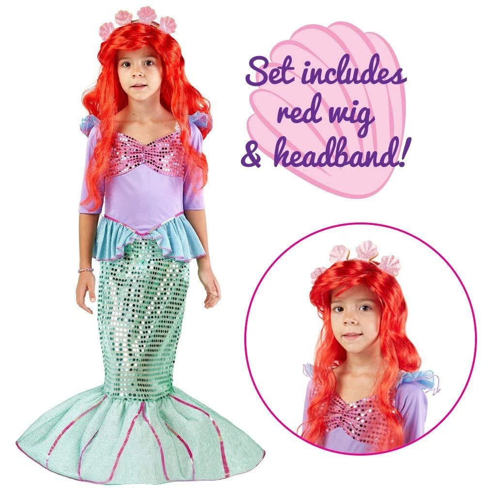 Girls Little Mermaid Deluxe Costume Set w / Wig Halloween Cosplay Dress-Up