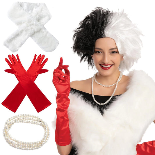 Women Black & White Wig w / Shawl Gloves & accessories cruella de vil Costume